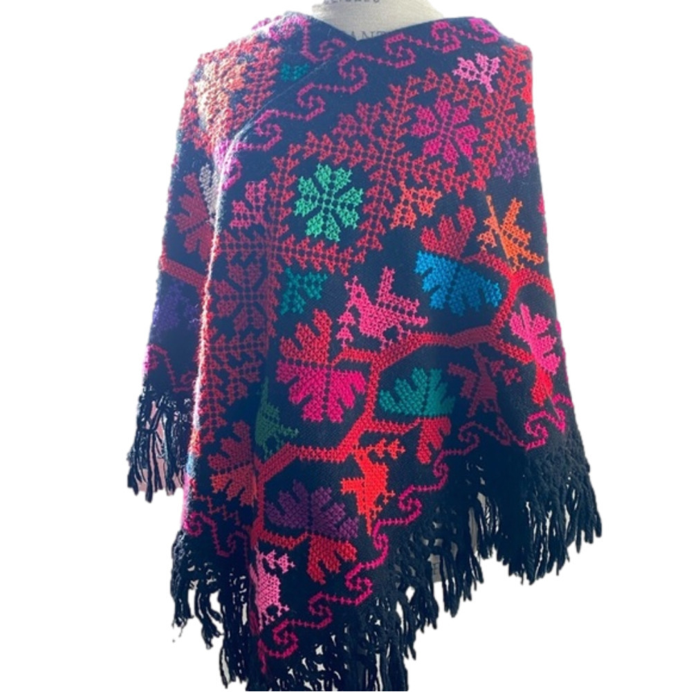 𝅺vintage Mexican Handmade Wool Mananita Party Celebration Poncho Fits S & M
